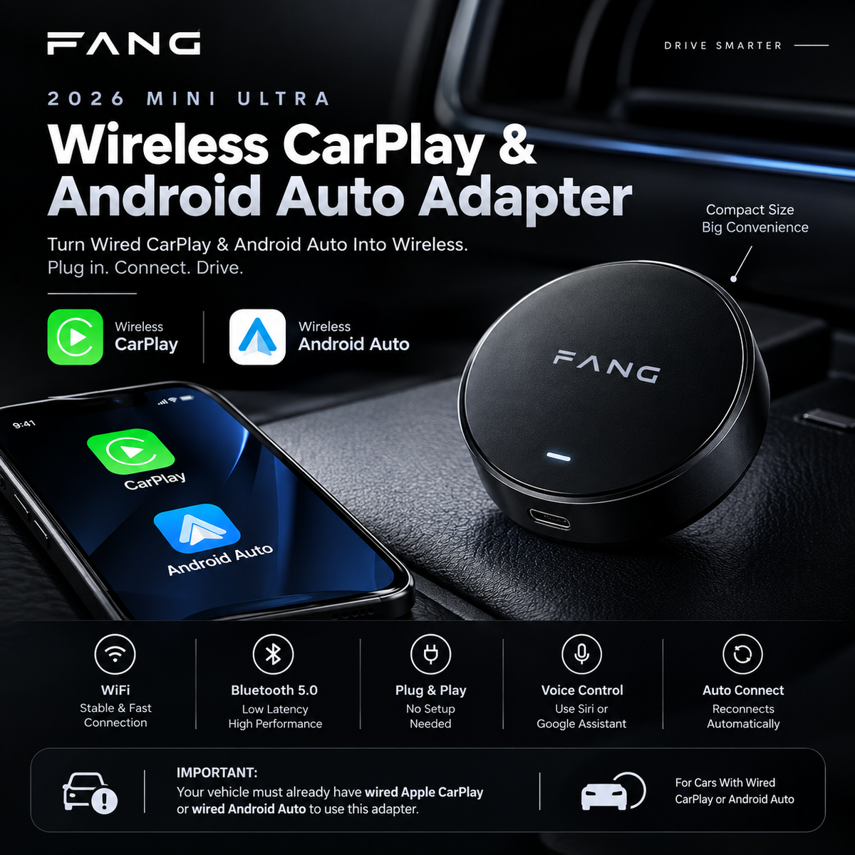 FANG Mini Ultra Wireless CarPlay and Android Auto Adapter